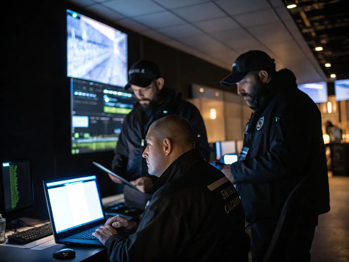 A professional security team conducting a risk assessment at a corporate facility, reviewing blueprints and discussing potential vulnerabilities.